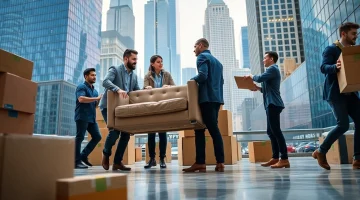 Moving company nyc professionals efficiently relocating furniture in urban New York City setting.