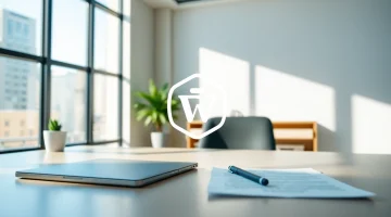 Design a trademark logo prominently featured in a professional office setting.