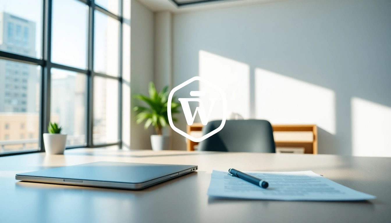 Design a trademark logo prominently featured in a professional office setting.