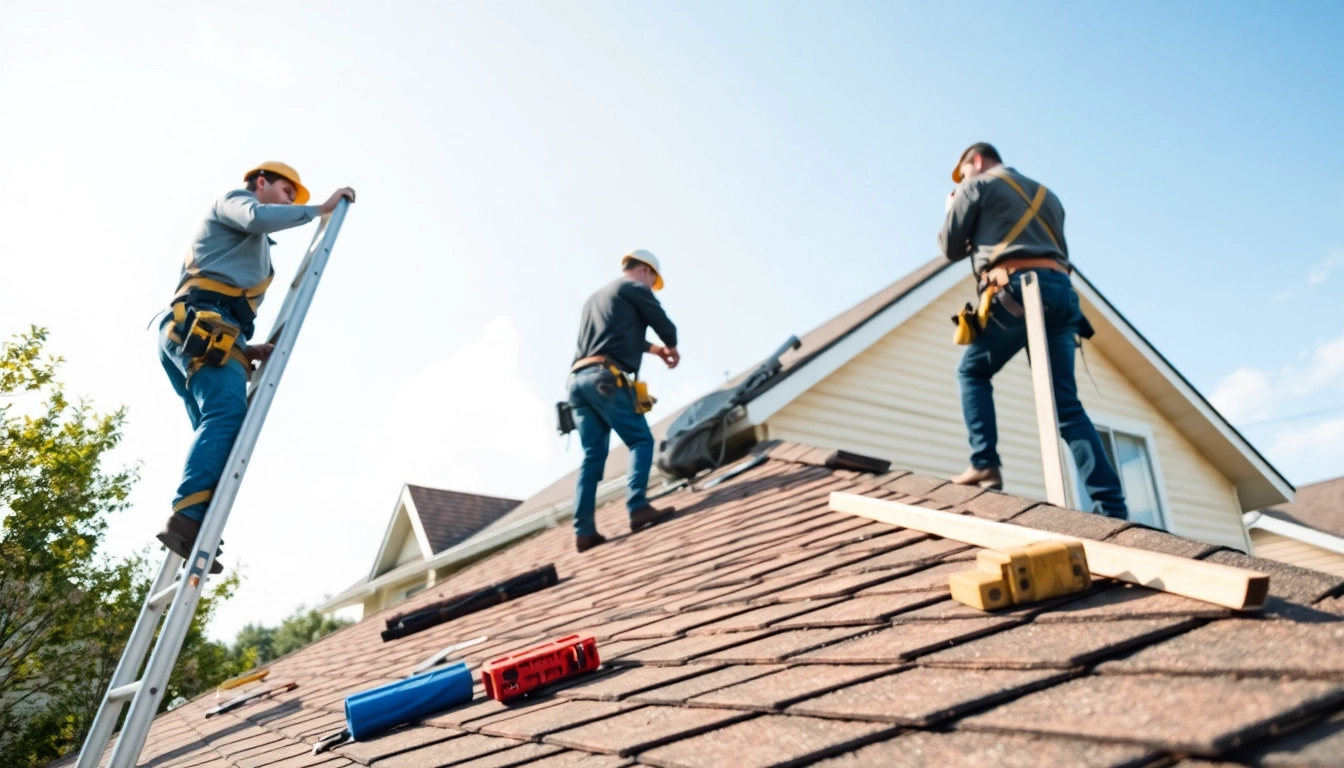 Local roofers near me inspecting a residential roof, showcasing professional services in action.