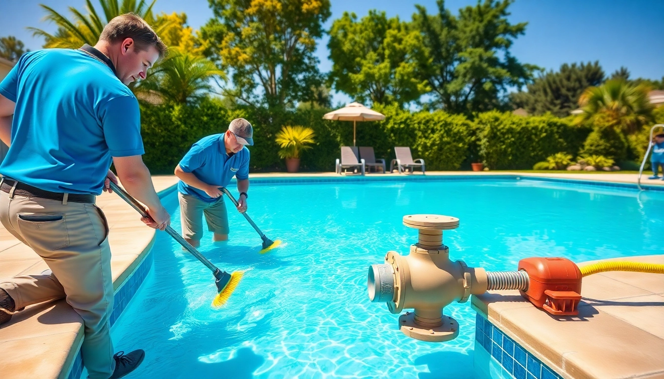 Pool service near me: Professionals cleaning a swimming pool in a serene backyard.