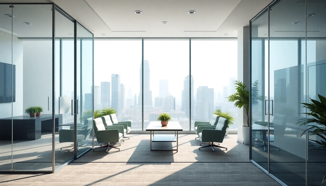 Showcasing movable glass partitions enhancing office space functionality with modern design.