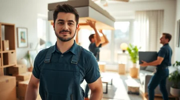 House moves performed by professional movers in a bright living room during a relocation.