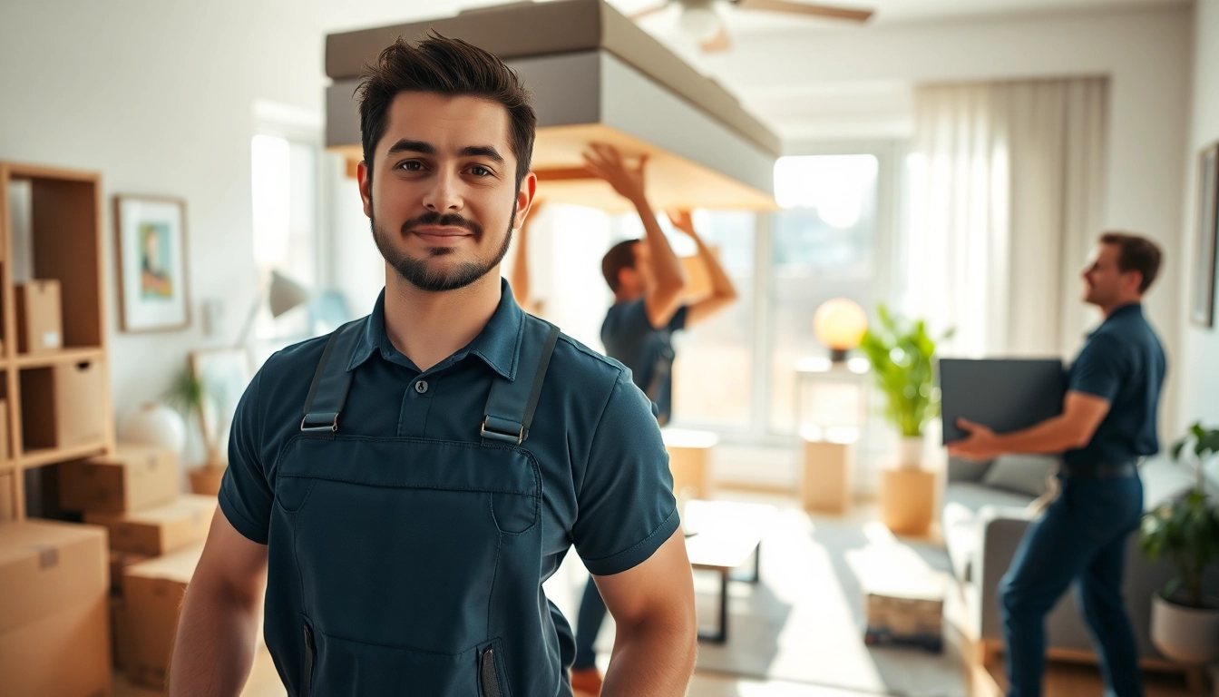 House moves performed by professional movers in a bright living room during a relocation.