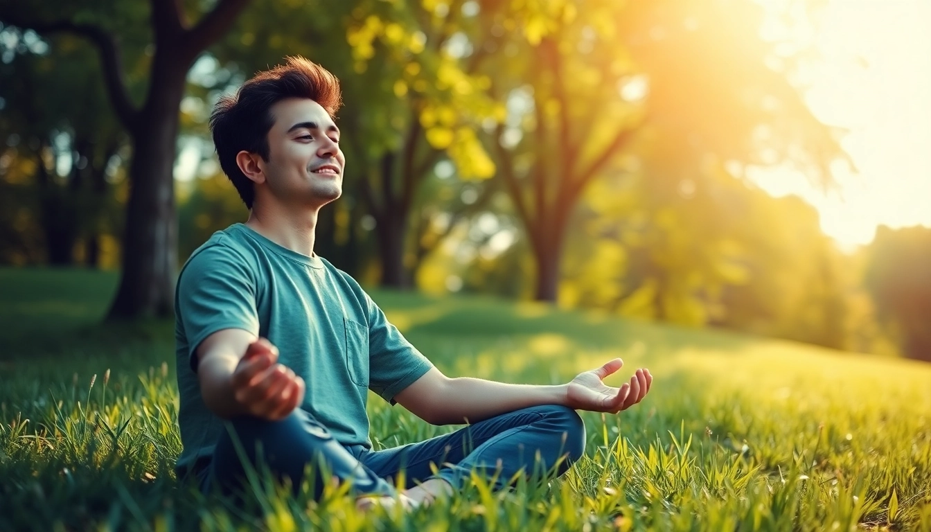 Practicing mindfulness for dealing with anxiety in a serene outdoor setting.