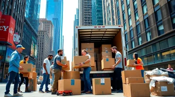 Moving company NYC team expertly packing and moving boxes in vibrant urban setting.