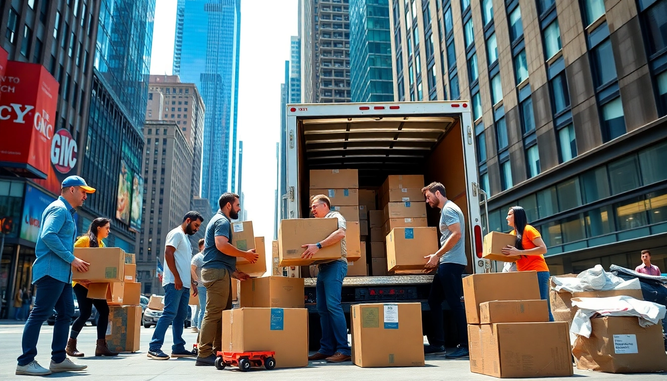 Moving company NYC team expertly packing and moving boxes in vibrant urban setting.