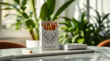 Showcase nicotine free cigarettes elegantly placed on a marble table with lush green ambiance.