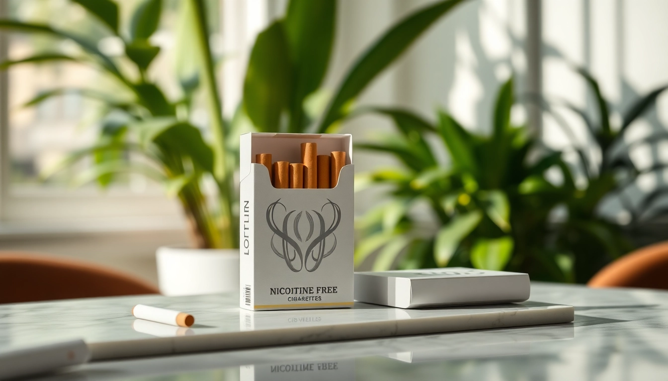 Showcase nicotine free cigarettes elegantly placed on a marble table with lush green ambiance.