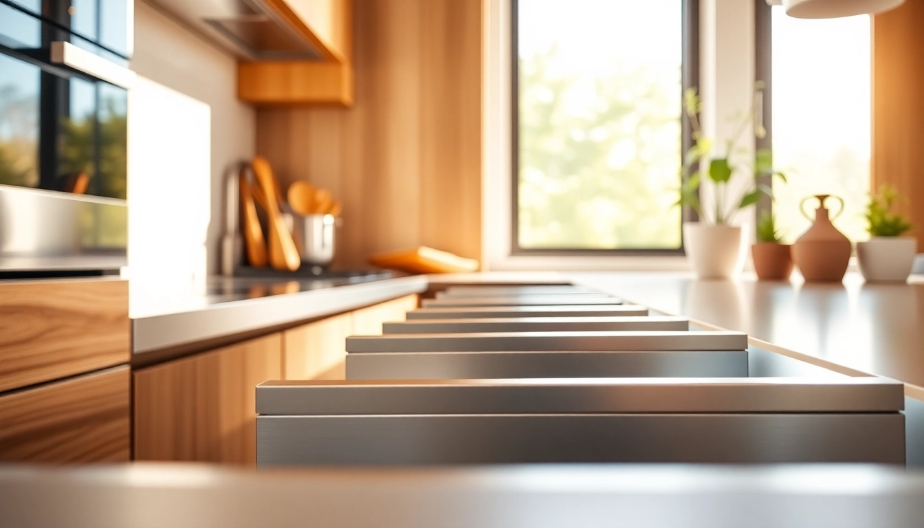 Showcase a modern Metal Drawer System with sleek design in a stylish kitchen setting.