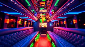 Enjoy a lively atmosphere inside an Atlanta party bus featuring vibrant lights and plush seating.