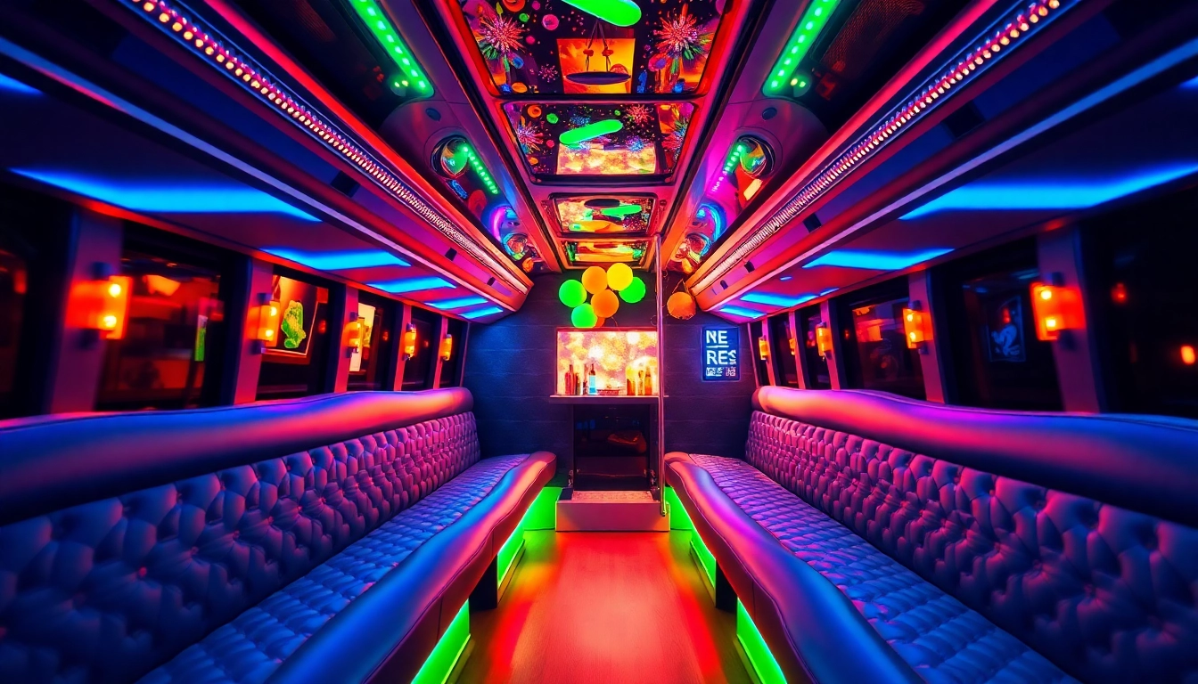 Enjoy a lively atmosphere inside an Atlanta party bus featuring vibrant lights and plush seating.