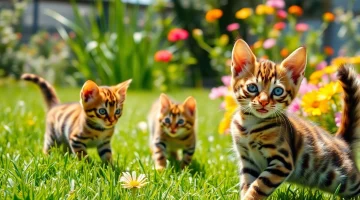 Bengal Breeders Orange County showcase adorable Bengal kittens playing outdoors in a bright garden.