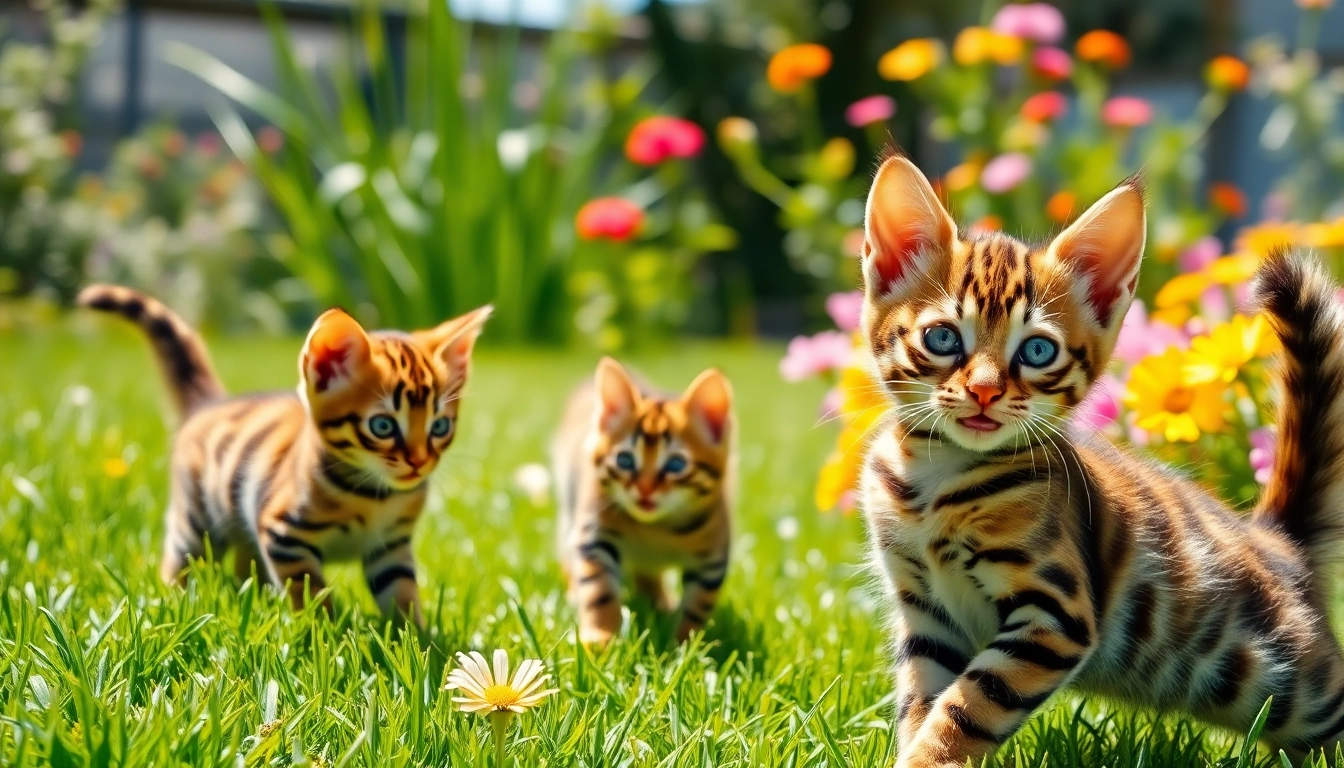 Bengal Breeders Orange County showcase adorable Bengal kittens playing outdoors in a bright garden.