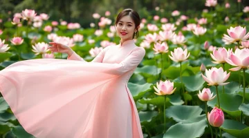 Showcasing a model in Vietnamese Áo Dài amidst lotus flowers in a serene garden.