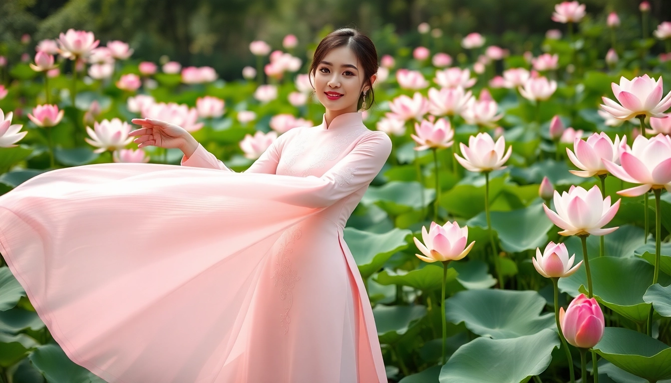 Showcasing a model in Vietnamese Áo Dài amidst lotus flowers in a serene garden.
