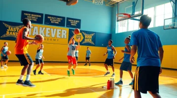 Young athletes training at Takeover Basketball Academy, showcasing teamwork and energy in a vibrant setting.