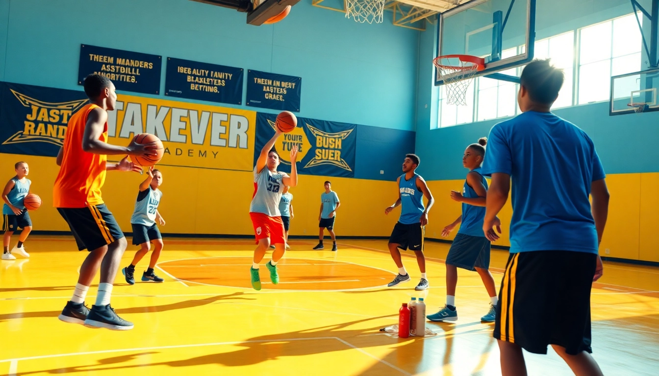 Young athletes training at Takeover Basketball Academy, showcasing teamwork and energy in a vibrant setting.