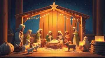 Admire a handcrafted Nativity set with intricate details in a warm setting.