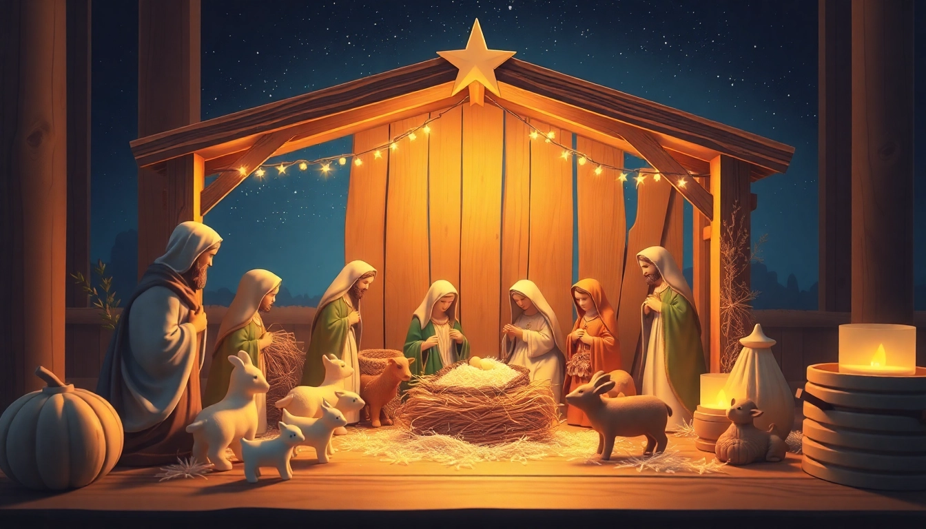 Admire a handcrafted Nativity set with intricate details in a warm setting.