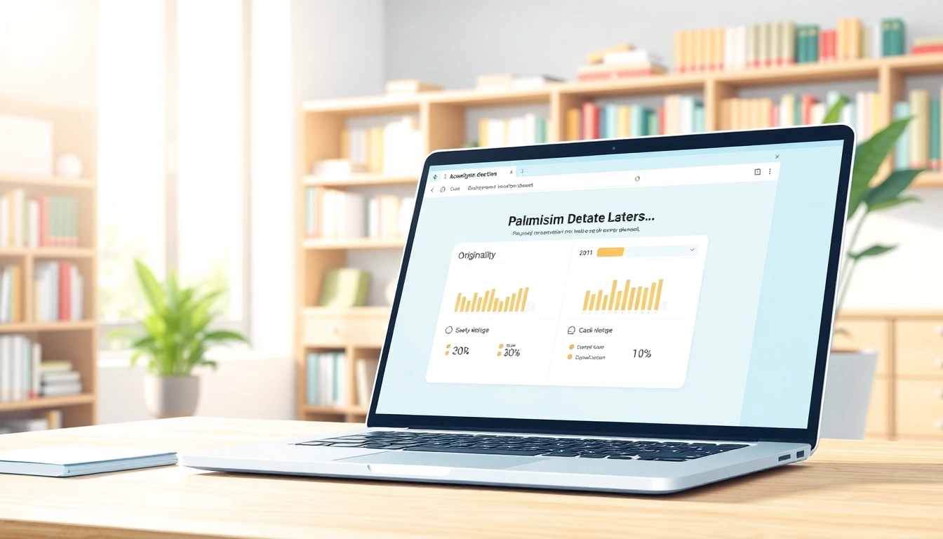 View of a professional plagiarism detector tool on a laptop in a bright office setting.