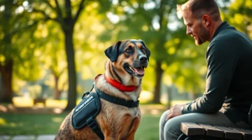 PTSD dog providing emotional support during a serene therapy session in a peaceful park.