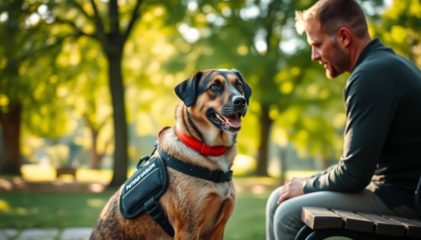PTSD dog providing emotional support during a serene therapy session in a peaceful park.
