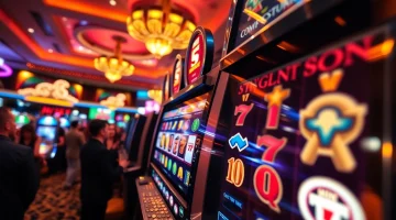 Mainkan game slot yang menarik dengan mesin slot berwarna-warni dan suasana kasino yang ceria.