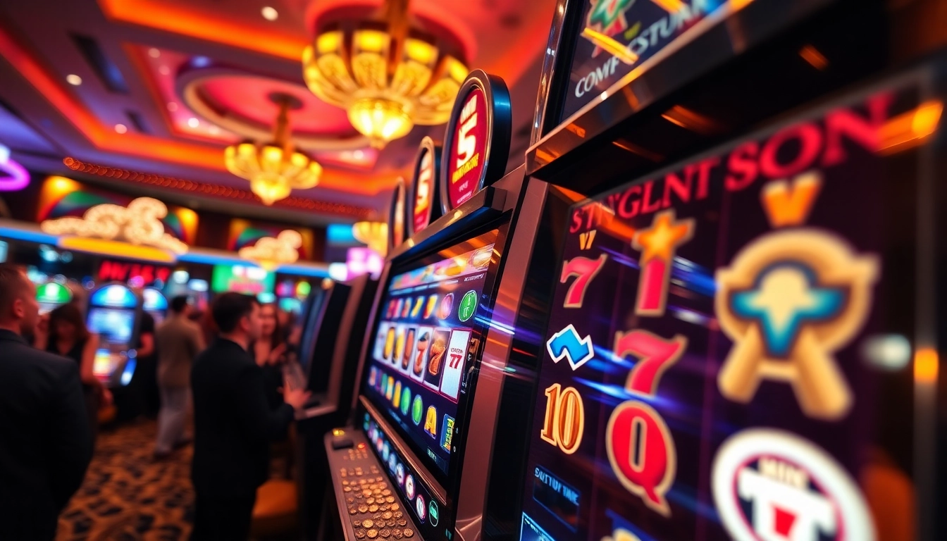 Mainkan game slot yang menarik dengan mesin slot berwarna-warni dan suasana kasino yang ceria.