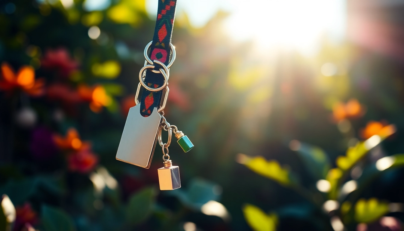 Custom lanyard keychain in a vibrant outdoor setting highlighting unique designs.