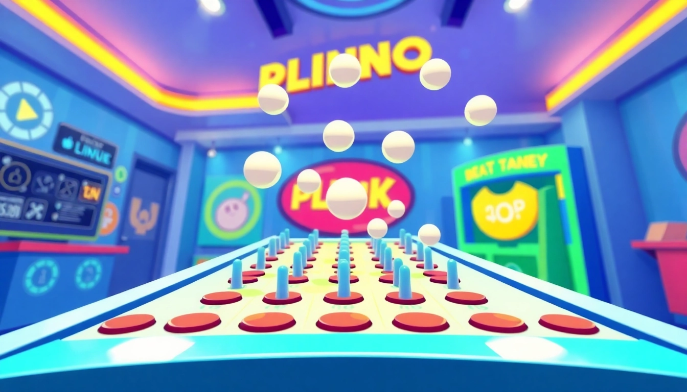 Menggambarkan situs plinko dengan papan cerah, bola jatuh dengan penuh semangat.