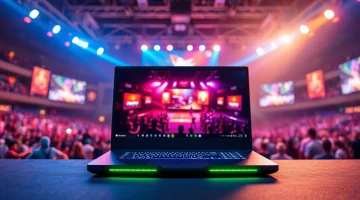 Showcase an engaging gaming laptop in a vibrant esports arena atmosphere.