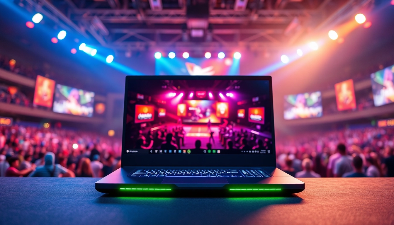 Showcase an engaging gaming laptop in a vibrant esports arena atmosphere.