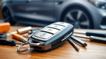 Unlock convenience with Keyless Carkeys and a high-tech fob on a wooden table.