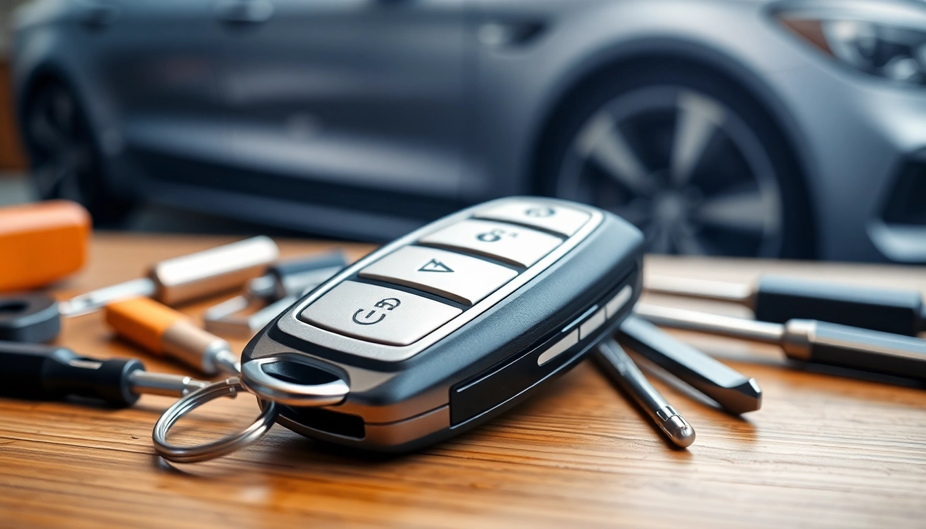 Unlock convenience with Keyless Carkeys and a high-tech fob on a wooden table.