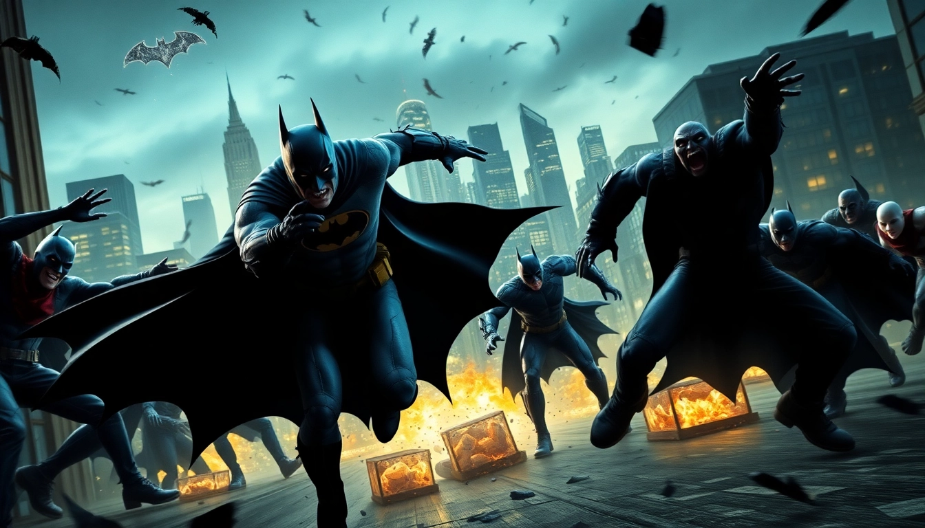 Game batman138 menampilkan Batman beraksi melawan penjahat di kota Gotham yang dramatis.