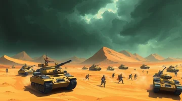 Engaging scene of the Dune 2 game depicting futuristic tanks in combat on a desert battlefield.