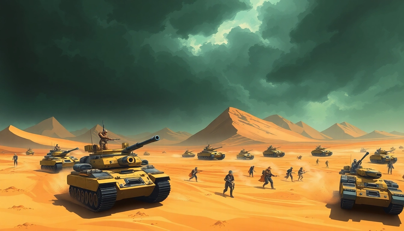Engaging scene of the Dune 2 game depicting futuristic tanks in combat on a desert battlefield.