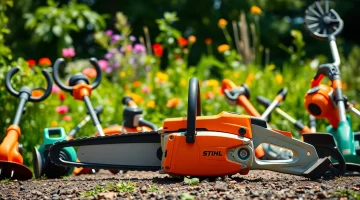 Stihl Kettensäge in einem schönen Garten mit verschiedenen Werkzeugen im Vordergrund.