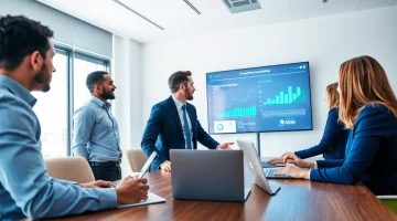 Analyze competitive intelligence data during a professional business meeting with engaged participants.