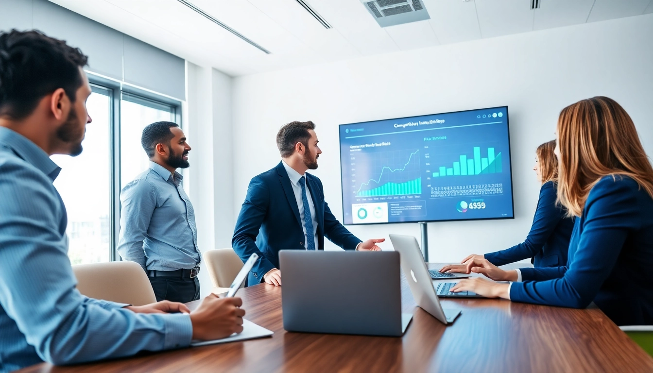 Analyze competitive intelligence data during a professional business meeting with engaged participants.