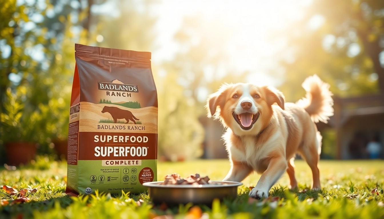 Showcasing badlands ranch superfood complete dog food with a happy dog enjoying its meal outdoors.