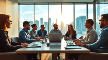 Engaged team strategizing about edmonton seo in a modern office setting.