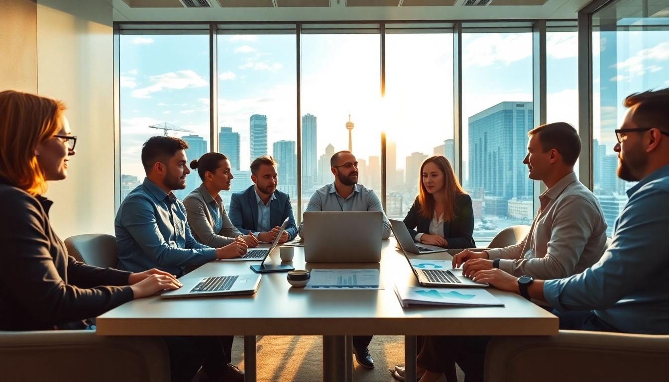 Engaged team strategizing about edmonton seo in a modern office setting.