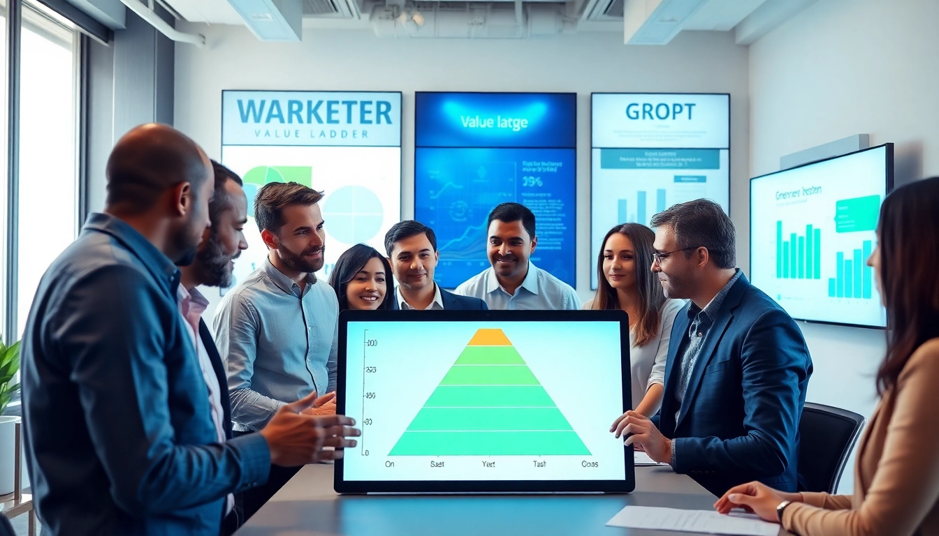 Implement a marketing strategy using Russell Brunson’s value ladder in a collaborative office setting.