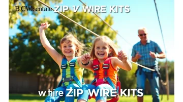 Kids enjoying the thrill of ZIP WIRE KITS in a lively backyard setting with trees and smiles.