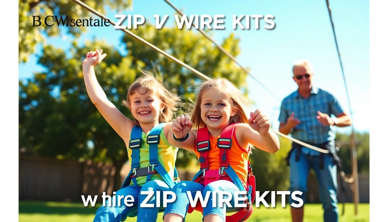 Kids enjoying the thrill of ZIP WIRE KITS in a lively backyard setting with trees and smiles.