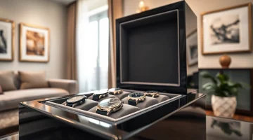 Showcasing a luxury watch safe filled with high-end timepieces arranged elegantly.