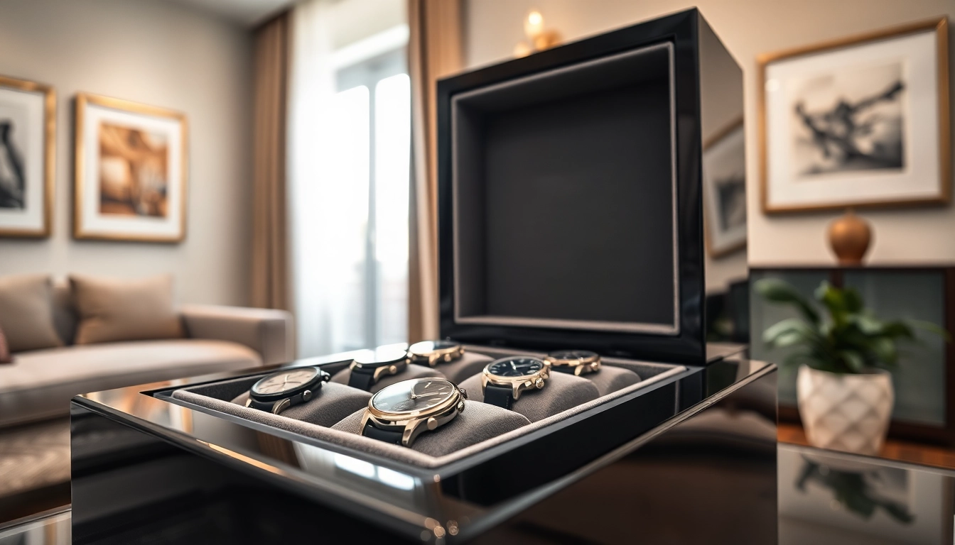 Showcasing a luxury watch safe filled with high-end timepieces arranged elegantly.