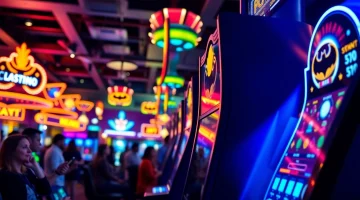 Menggambarkan batman138 rtp dengan mesin slot yang menarik dan suasana kasino yang ceria.